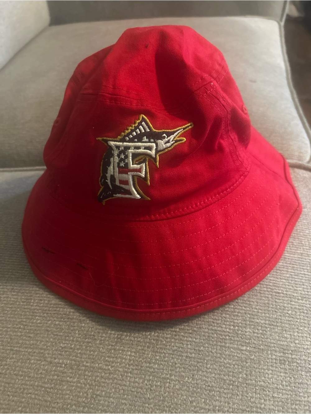 New Era Red Kids Bucket Hat with Embroidered Marlin Logo